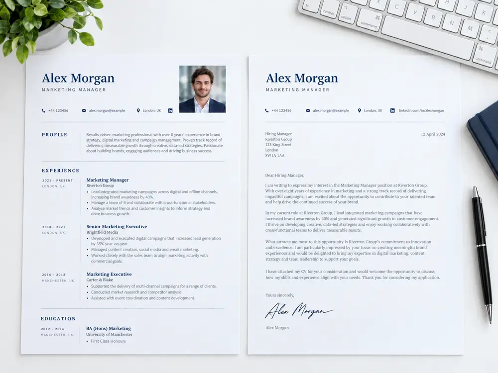 Illustrative CV and matching letter on a bright desk
